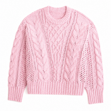 Light Pink Cable Knit Crew Neck Sweater with Diamond Pattern