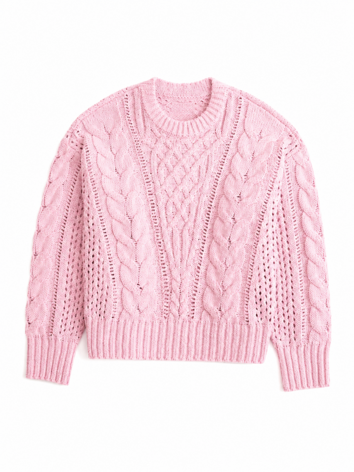 Light Pink Cable Knit Crew Neck Sweater with Diamond Pattern