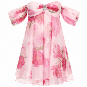 Off-Shoulder Floral Print Mini Dress with Butterfly Brooch