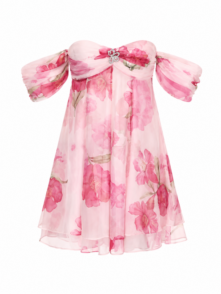 Off-Shoulder Floral Print Mini Dress with Butterfly Brooch