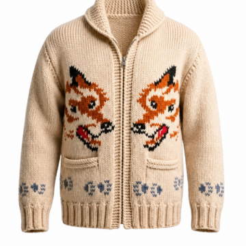 Beige Fox Intarsia Knit Zip-Up Cardigan Sweater
