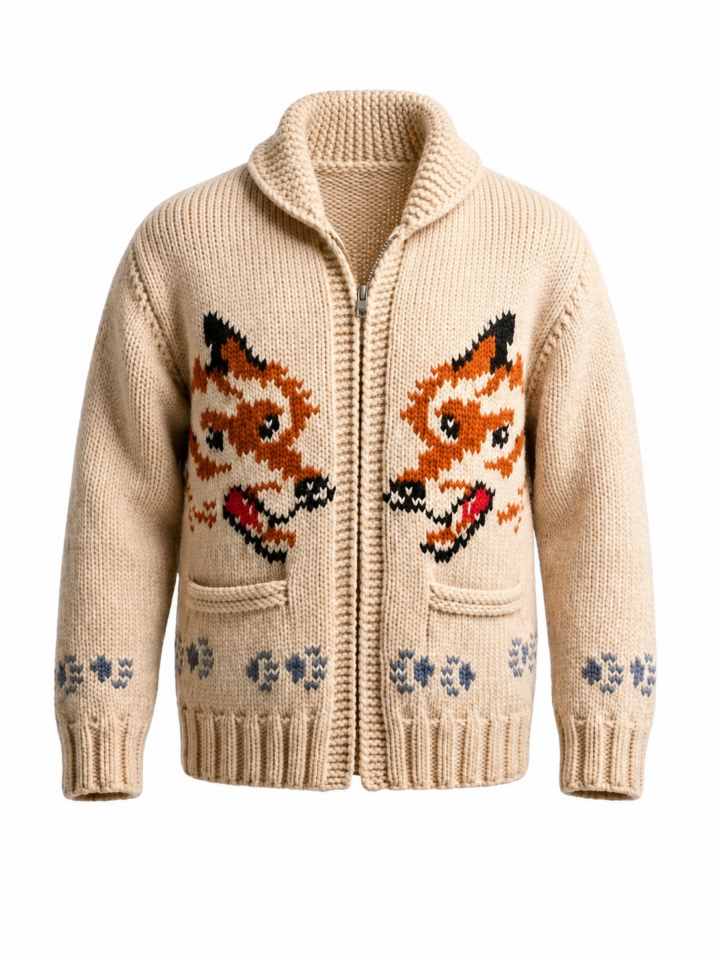 Beige Fox Intarsia Knit Zip-Up Cardigan Sweater