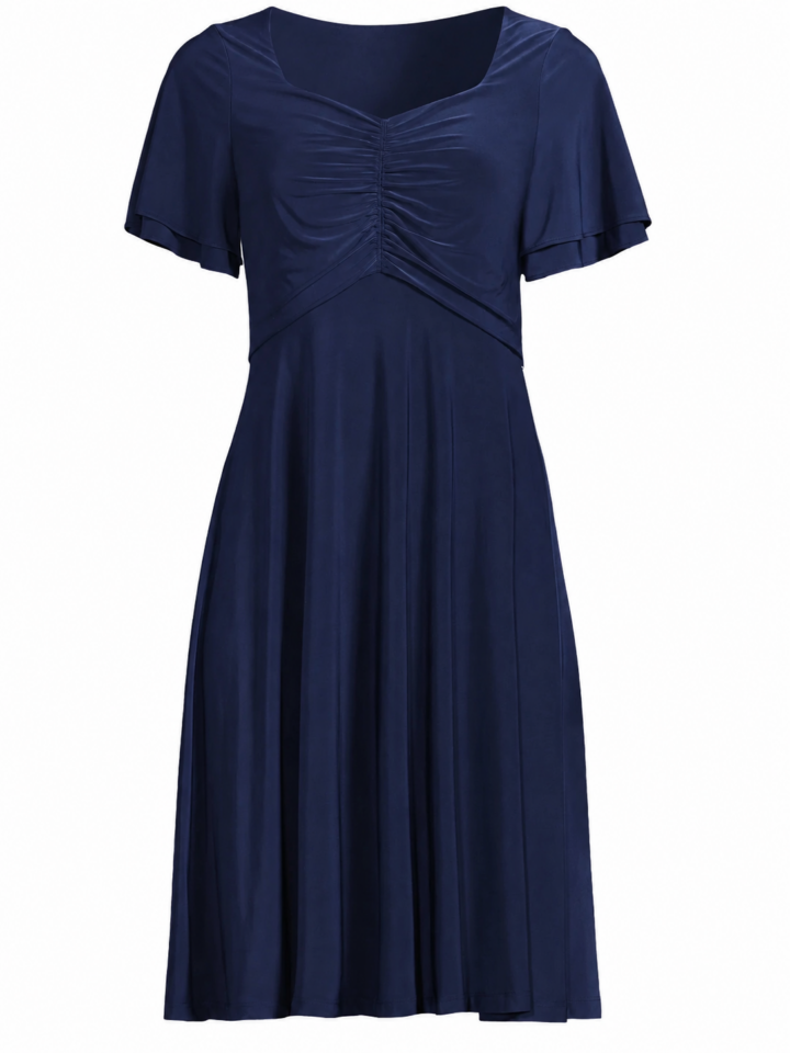 Navy Ruched Front Midi Dress with Flutter Sleeves