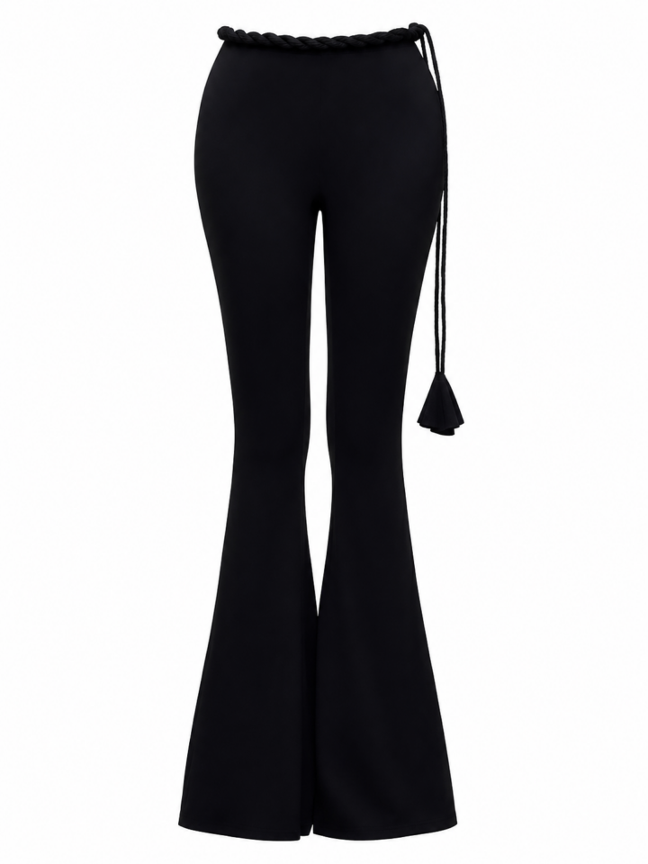Black High-Rise Flared Pants with Braided Tie Belt