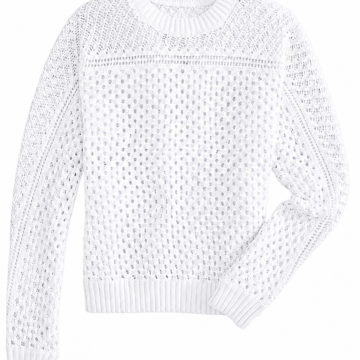 White Textured Open-Knit Crew Neck Sweater with Eyelet Band