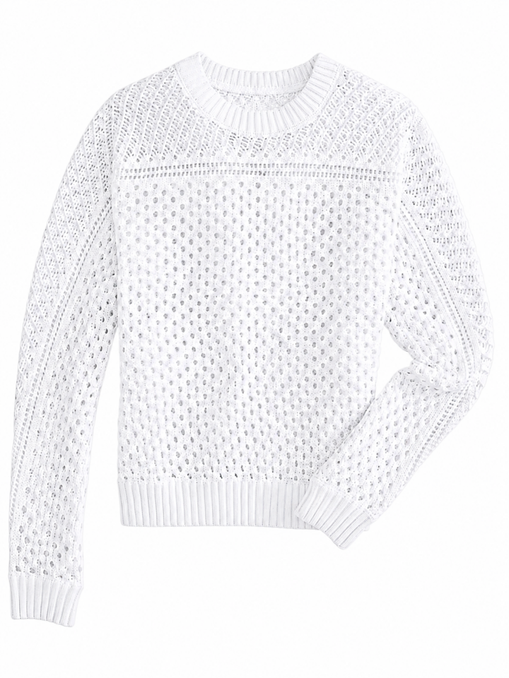 White Textured Open-Knit Crew Neck Sweater with Eyelet Band