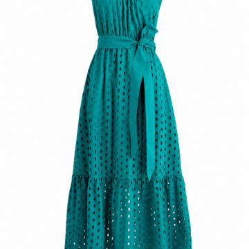 Teal Eyelet Sleeveless Maxi Dress with Tie Belt