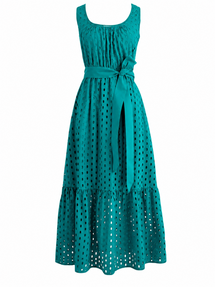 Teal Eyelet Sleeveless Maxi Dress with Tie Belt