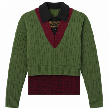 Olive Green V-Neck Cable-Knit Sweater with Contrast Collar