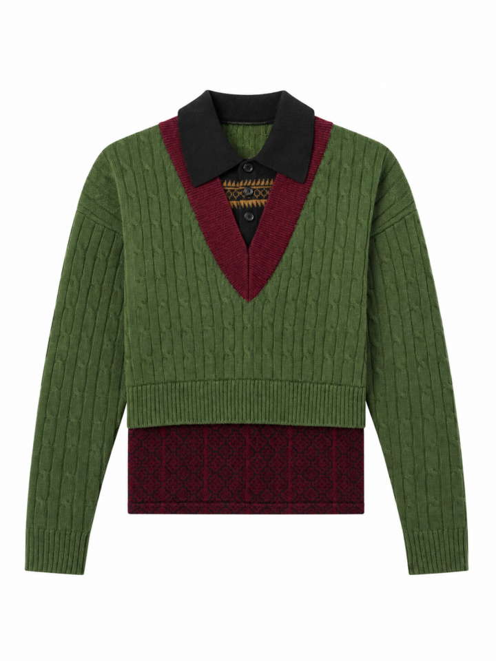 Olive Green V-Neck Cable-Knit Sweater with Contrast Collar