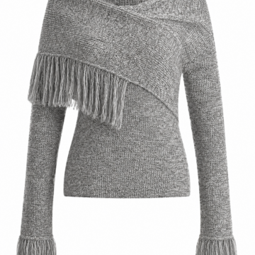 Heather Grey Knit Wrap Fringe Off-Shoulder Sweater