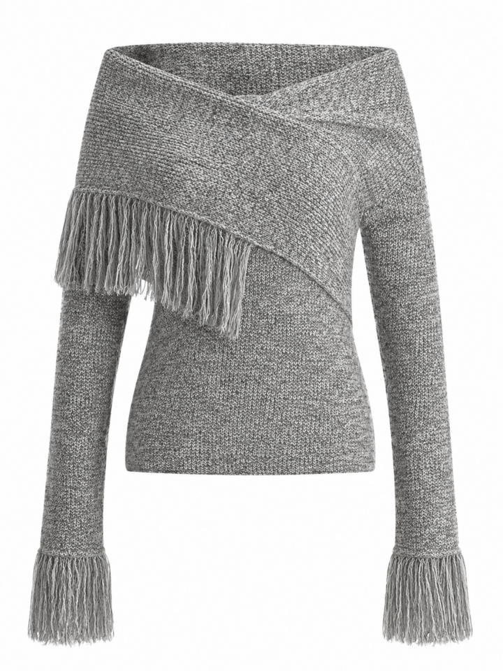 Heather Grey Knit Wrap Fringe Off-Shoulder Sweater