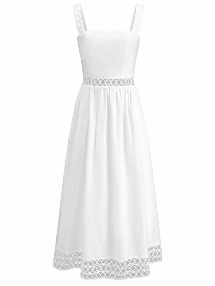 White Midi Dress with Geometric Lace Trim