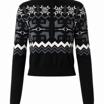 Black Slim Fit Mock Neck Sweater with Geometric Winter Pattern