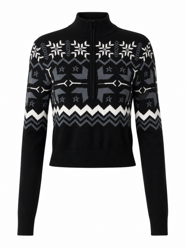 Black Slim Fit Mock Neck Sweater with Geometric Winter Pattern