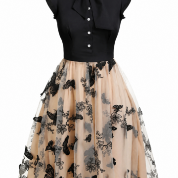 Black and Beige Pussy-Bow Tulle Dress