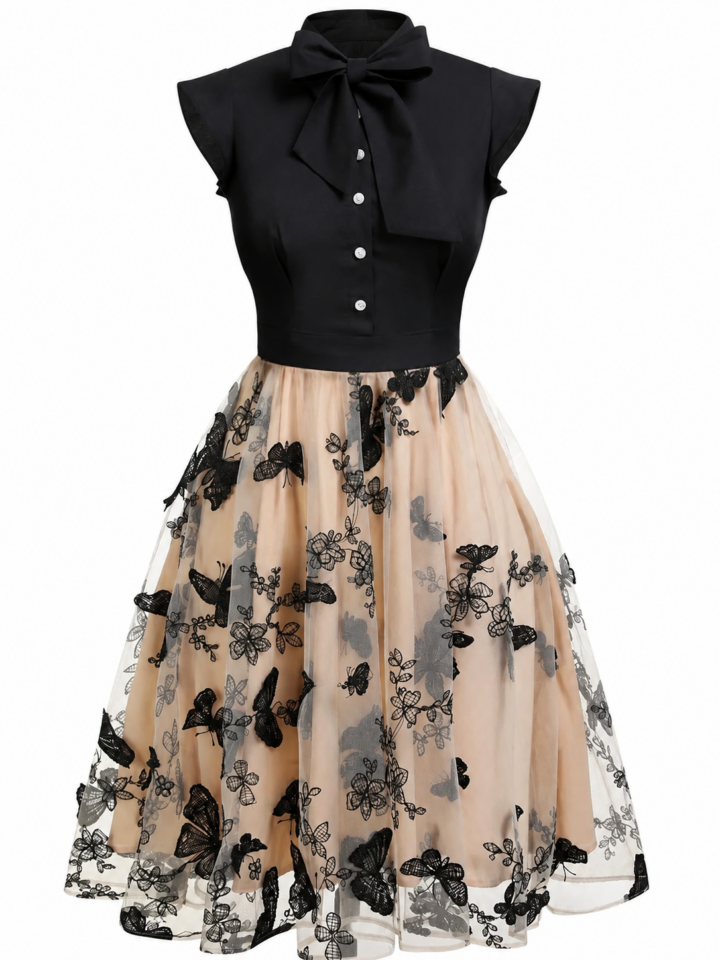 Black and Beige Pussy-Bow Tulle Dress