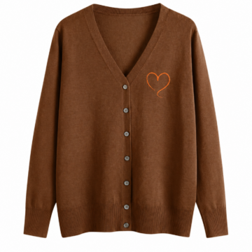 Brown V-Neck Cardigan with Orange Heart Motif