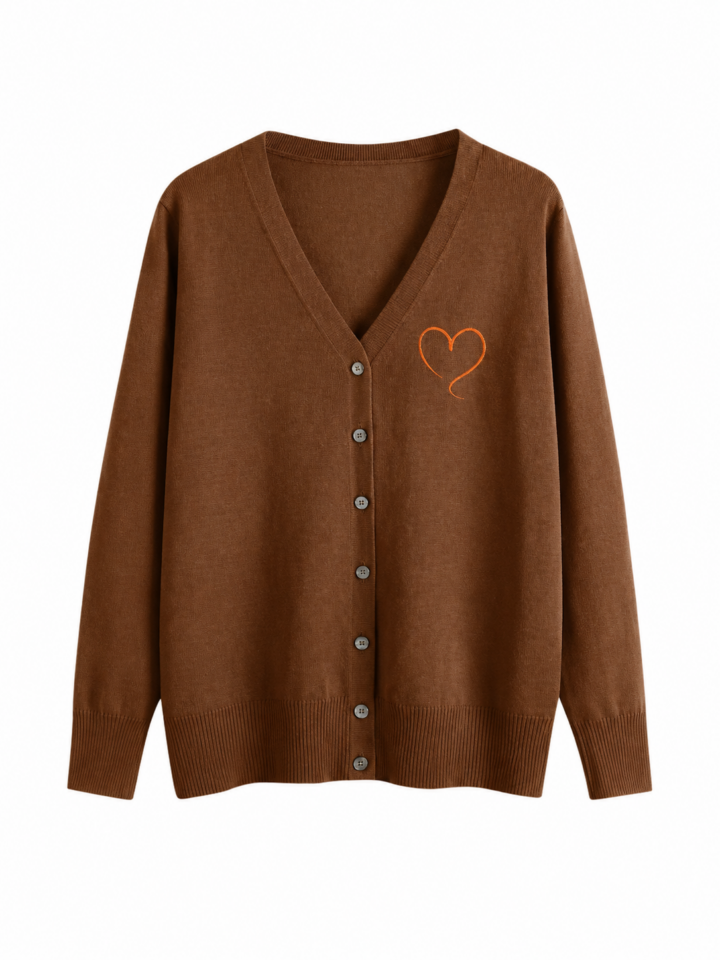Brown V-Neck Cardigan with Orange Heart Motif