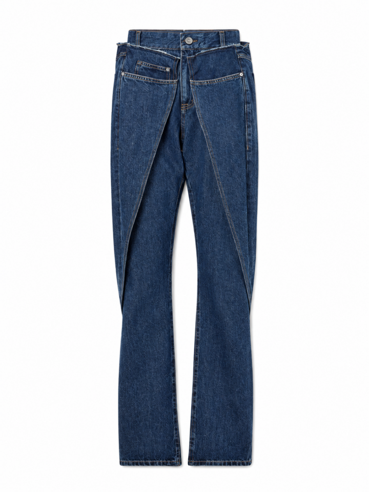 Dark Blue Asymmetric Paneled Straight-Leg Jeans