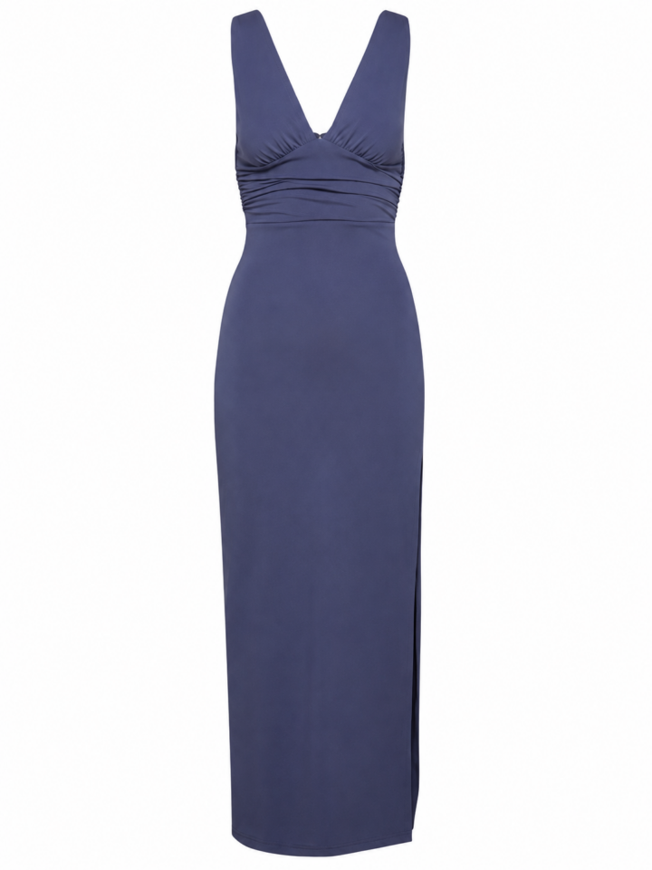 Dark Blue Sleeveless Bodycon Maxi Dress with Side Slit