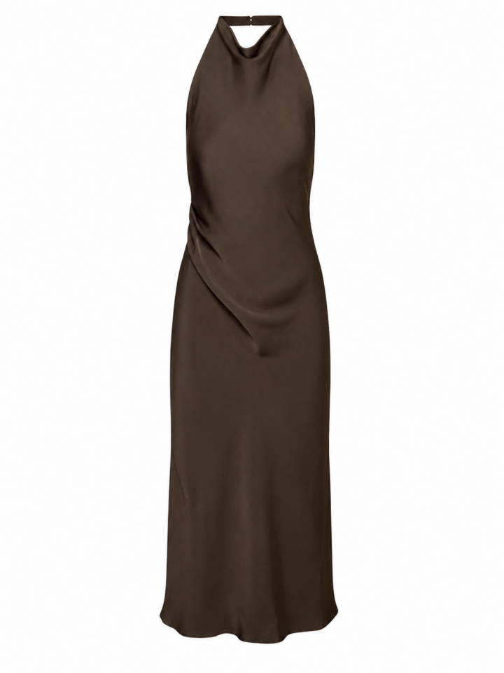 Dark Brown Halter Maxi Dress with Keyhole Back