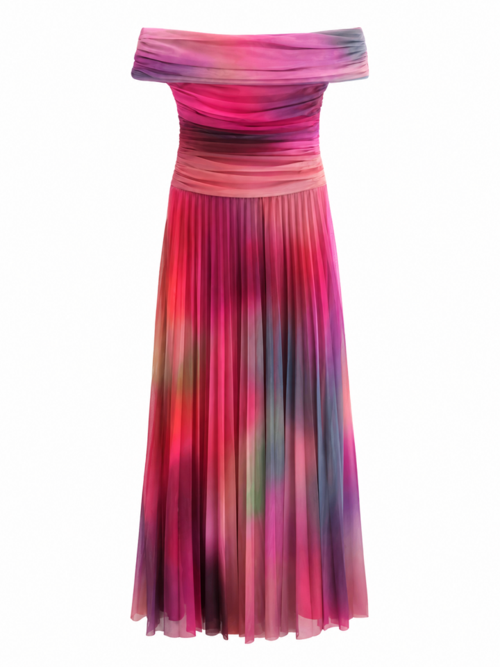 Off-Shoulder Watercolor Print Maxi Dress
