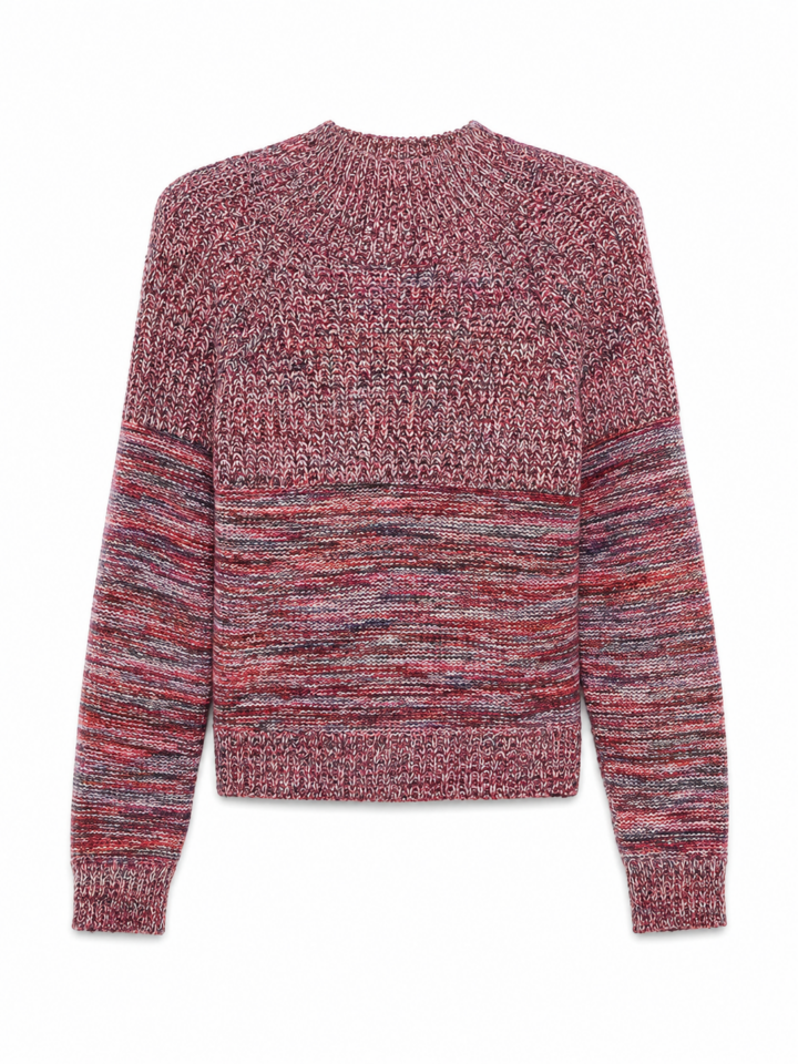 Marled Red Burgundy Grey Cream Mock Neck Drop Shoulder Knit Sweater