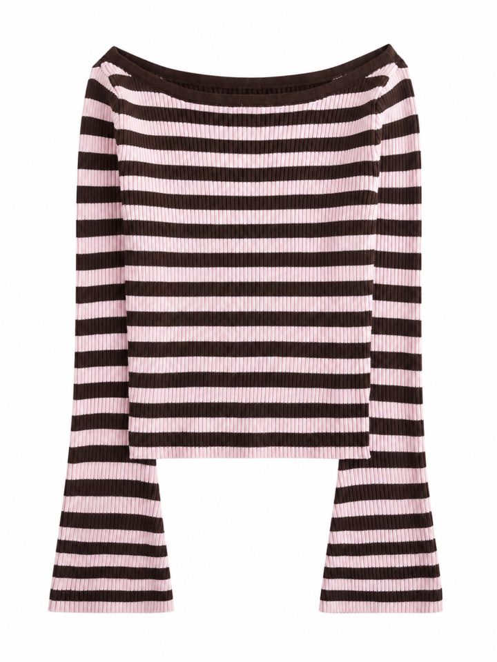 Dark Brown and Pale Pink Striped Boat Neck Bell Sleeve Pullover Top
