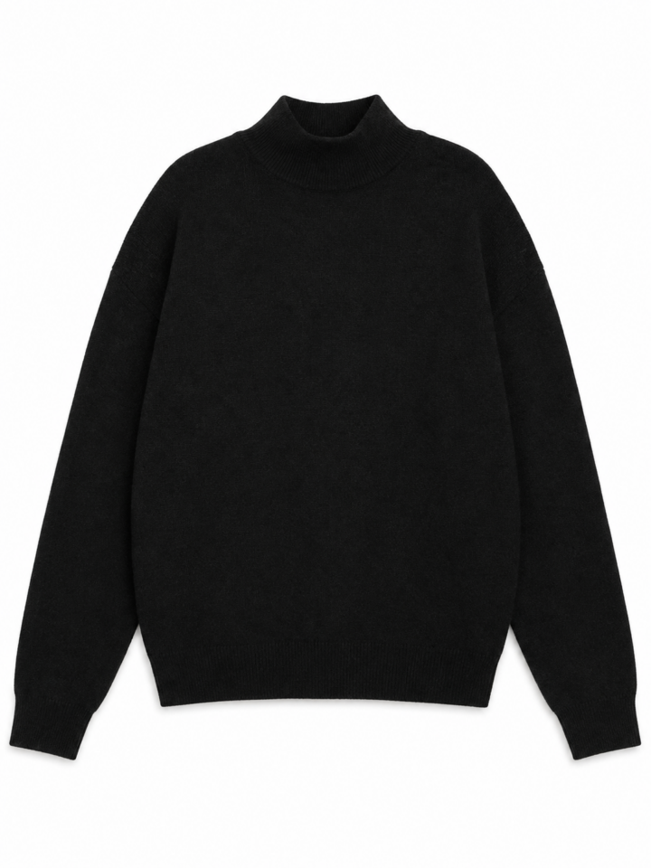 Black Relaxed Fit Ribbed Mock Neck Long Sleeve Knit Sweater