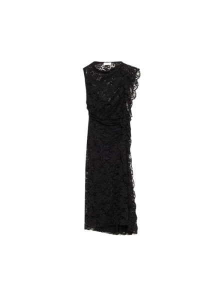 Black Floral Lace Midi Dress with High Neckline