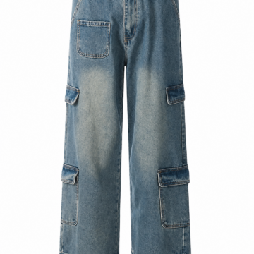Medium Blue Wide-Leg Cargo Jeans with Patch Pockets