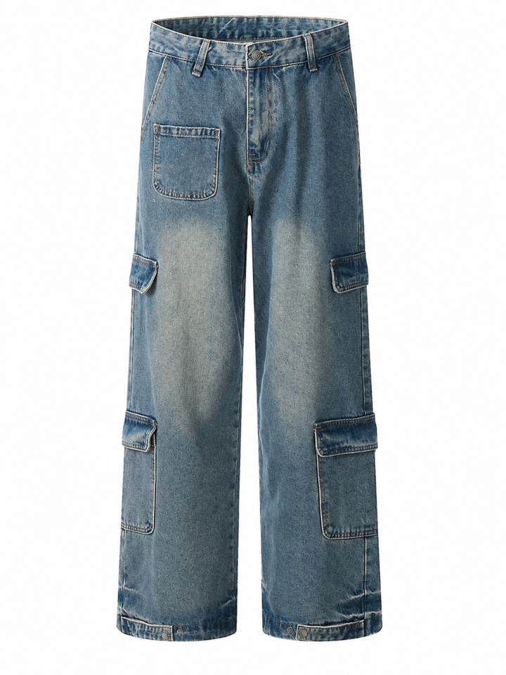 Medium Blue Wide-Leg Cargo Jeans with Patch Pockets
