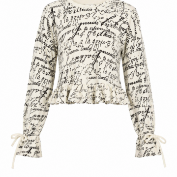 Off-White Black Script Print Cropped Peplum Long Sleeve Blouse