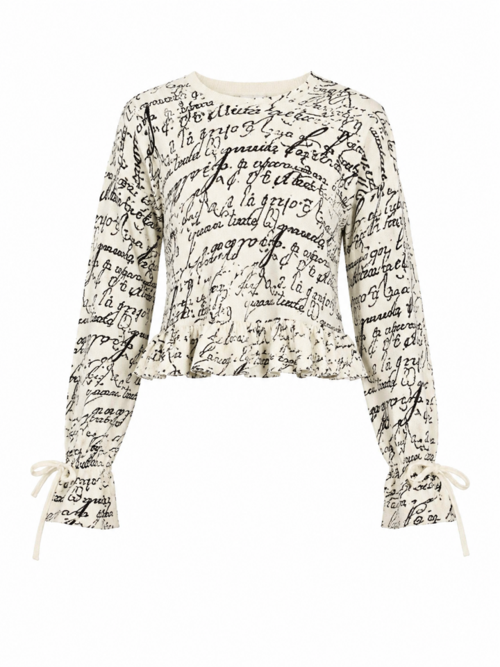 Off-White Black Script Print Cropped Peplum Long Sleeve Blouse