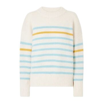 Cream Striped Crewneck Sweater with Mustard Stripe