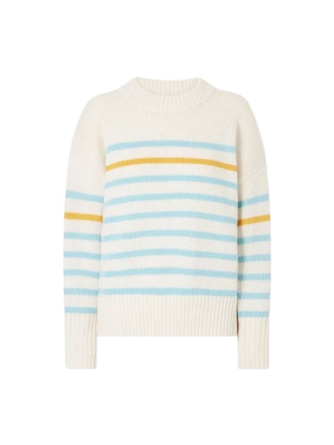 Cream Striped Crewneck Sweater with Mustard Stripe